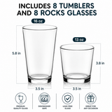 Set of 16 Libbey Flare Rocks Glasses Lead Free Drinking Tumblers Clear