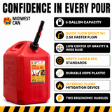 Midwest Can 6610 6 Gallon Gas Can Auto Shut Off Quick Flow Spout EPA CARB Red